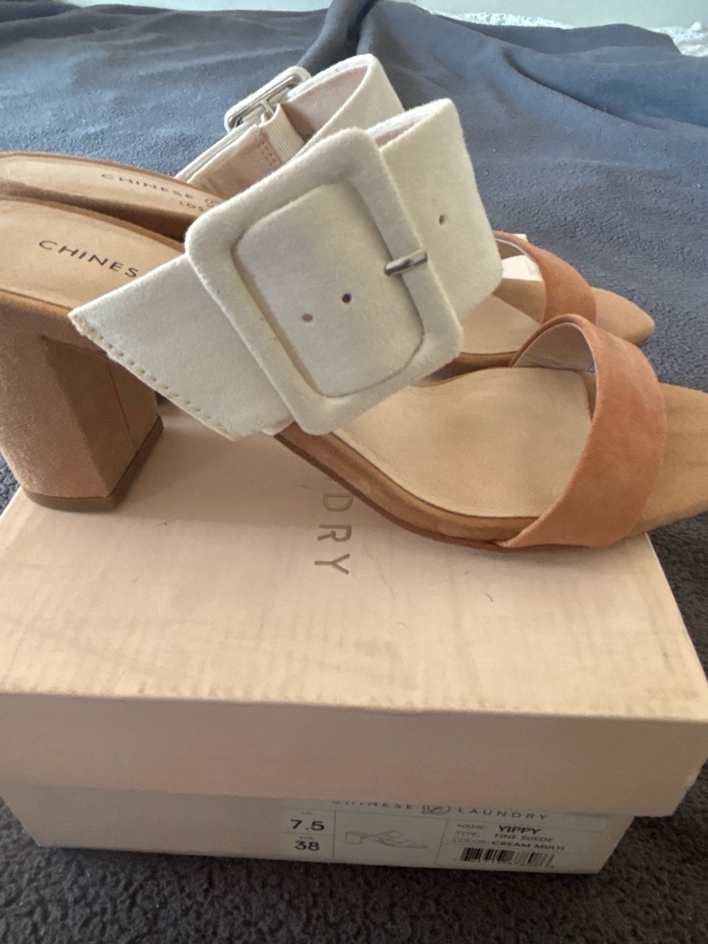 Chinese Laundry Two-Tone Buckle Block Heel Sandals in Tan & Cream